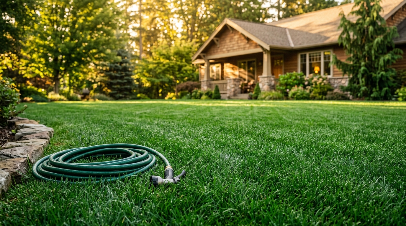 A lush, deep-green suburban lawn in golden morning light